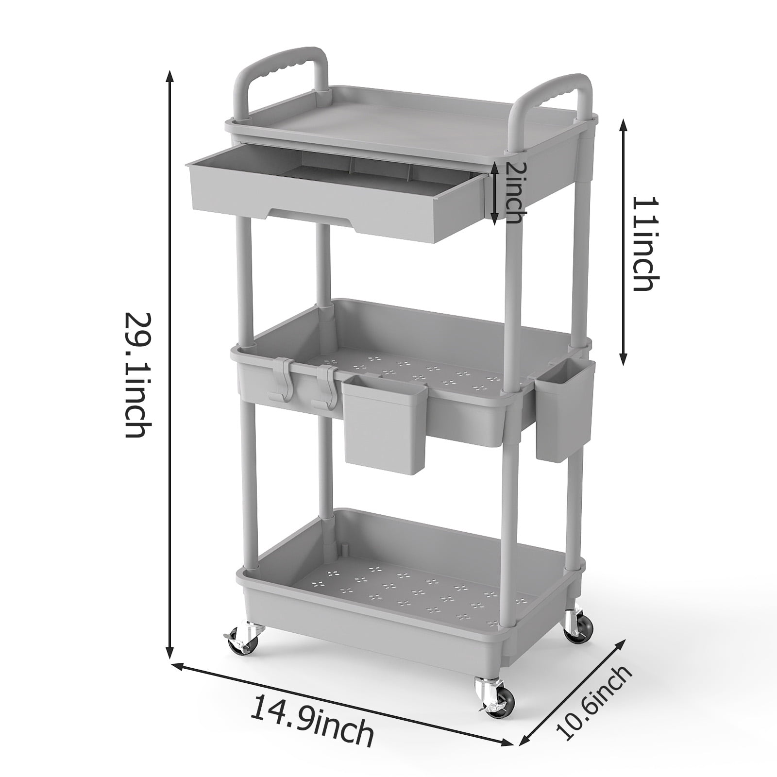 LLMRR 3 Tier Rolling Utility Cart with Drawer, Cart with Drawer & Handle, Bathroom Cart Organizer, Rolling Storage Cart with Drawer, Rolling Cart with Lockable Wheels for Kitchen, Office, Gray