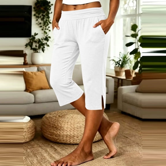 Womens Yoga Capris Fold High Waist Split Hem Lounge Cropped Pant Casual Lightweight Workout Walking Below Knee Shorts White XL