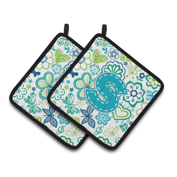 Letter S Flowers and Butterflies Teal Blue Pair of Pot Holders