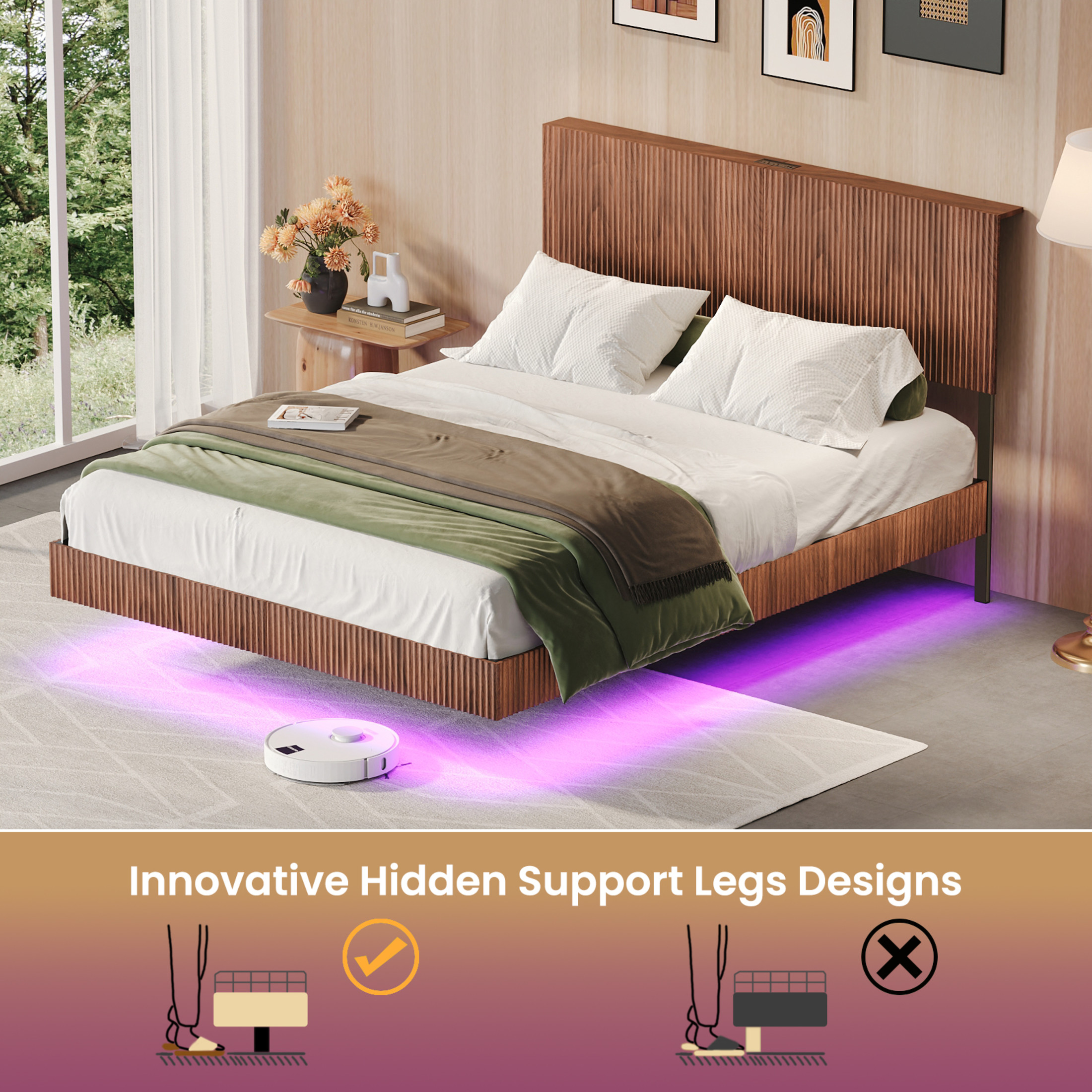 Noble House Modern Queen Floating Bed Frame with Charging Station, LED Lights & Wavy Headboard, Walnut