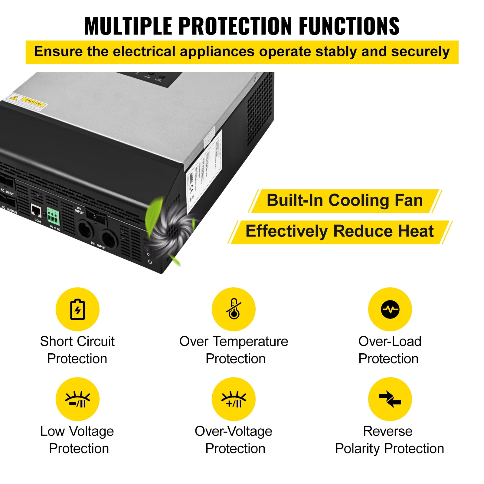 VEVOR Hybrid Solar Inverter, 3KVA 2400W, Pure Sine Wave Off-Grid Inverter,  24VDC to 110VAC Multi-Function Inverter with Build-in