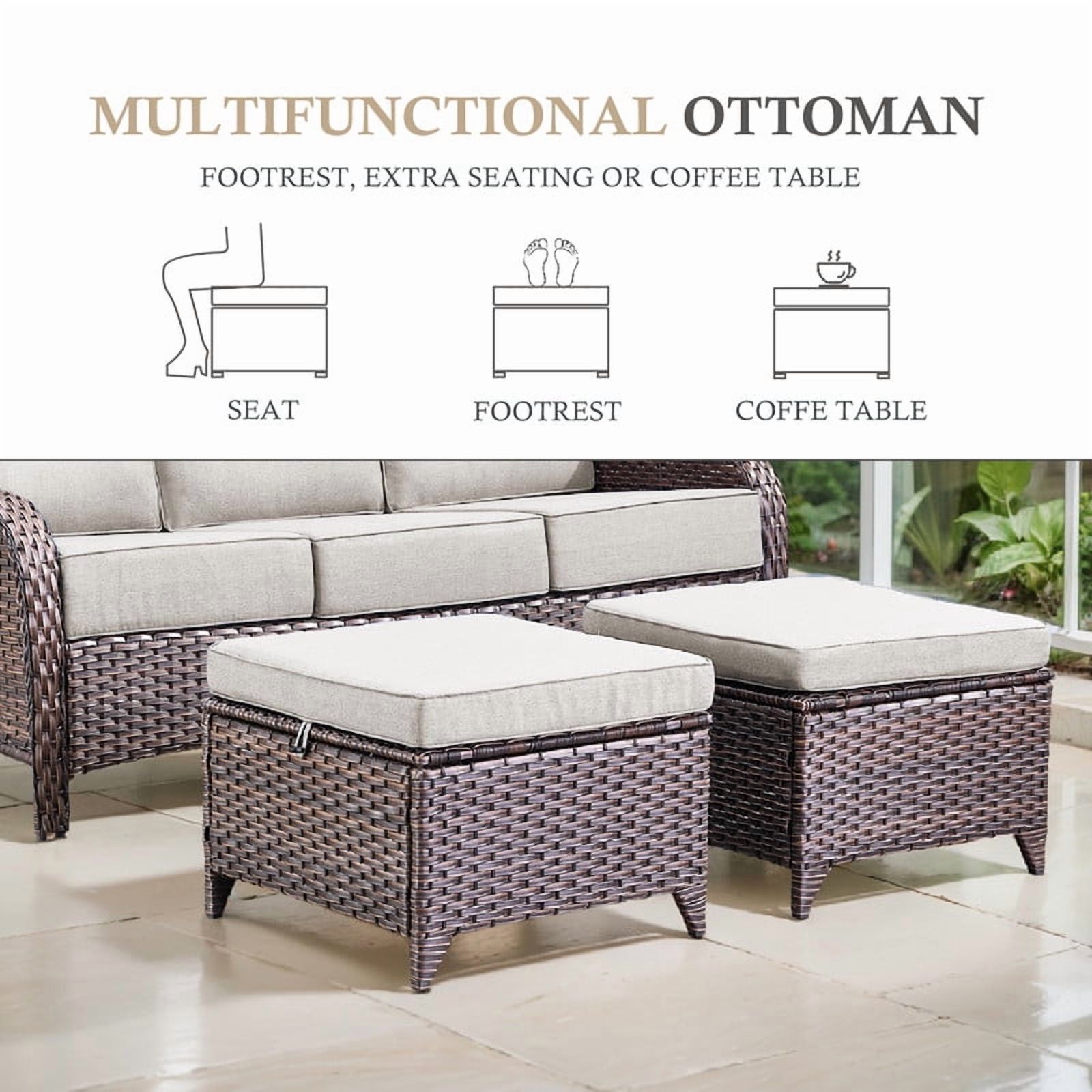 Outdoor Conversation Sets 5-Piece Patio Wicker Rattan Furniture Set with Swivel Rocking Chairs, Ottomans, Side Table and Upgrade 6" Cushions for Balcony Deck Backyard, Beige