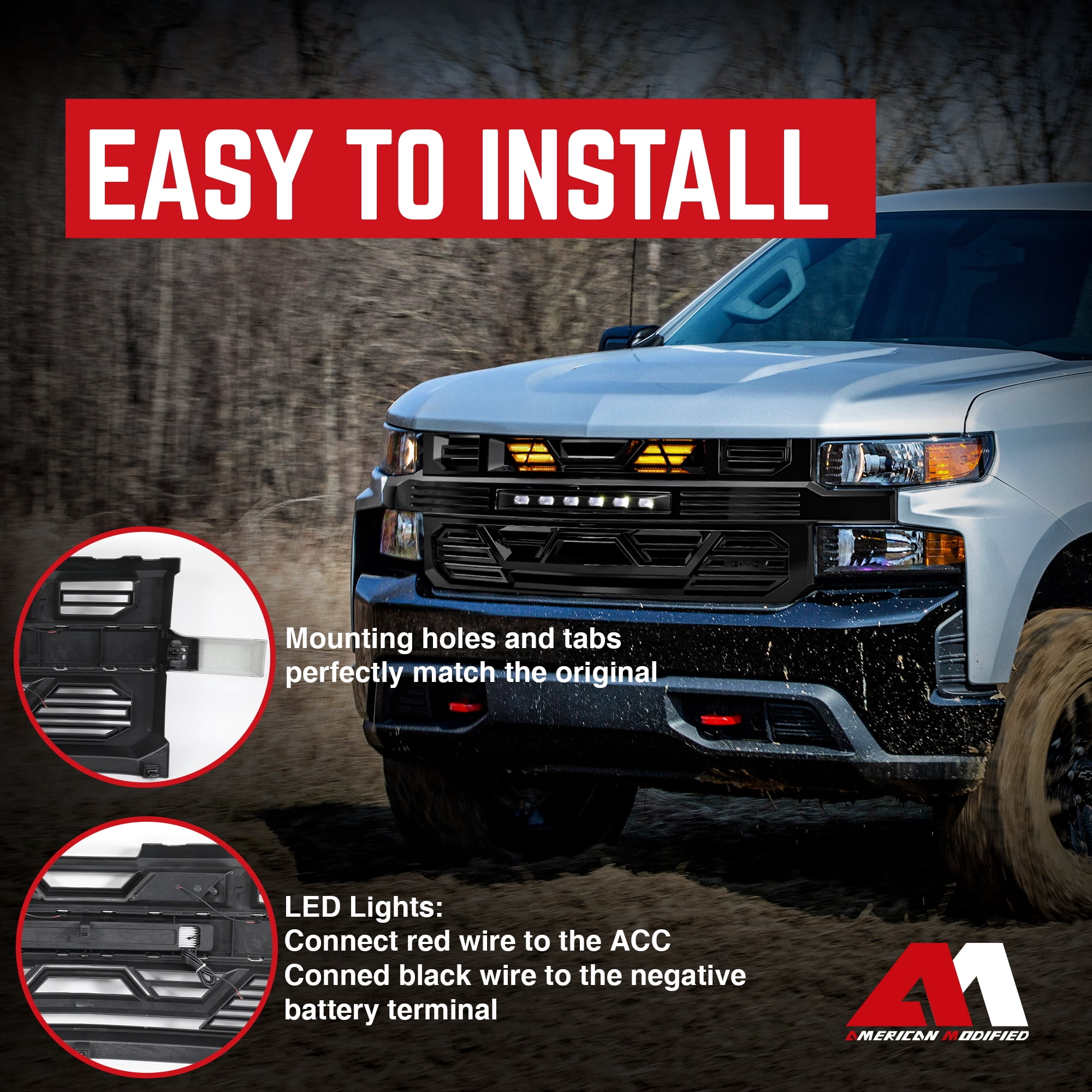 AMERICAN MODIFIED Grille w/LED for 19-21 Chevy Silverado 1500, Glossy Black
