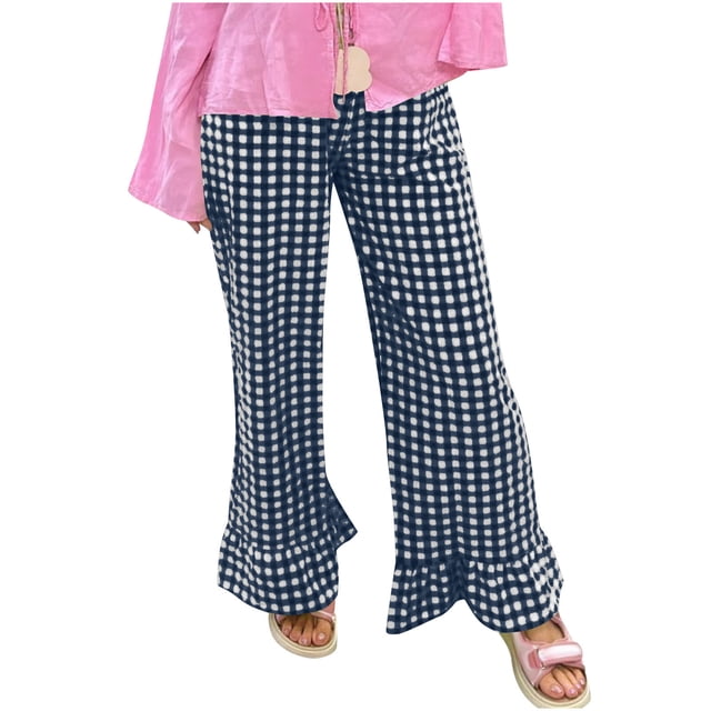 Mceream Womens Ruffle Hem Gingham Pants Drawstring Elastic Waist Comfy Loose Palazzo Pants with Pockets Plus Size Pantalones Palazzo Para Mujer Navy M