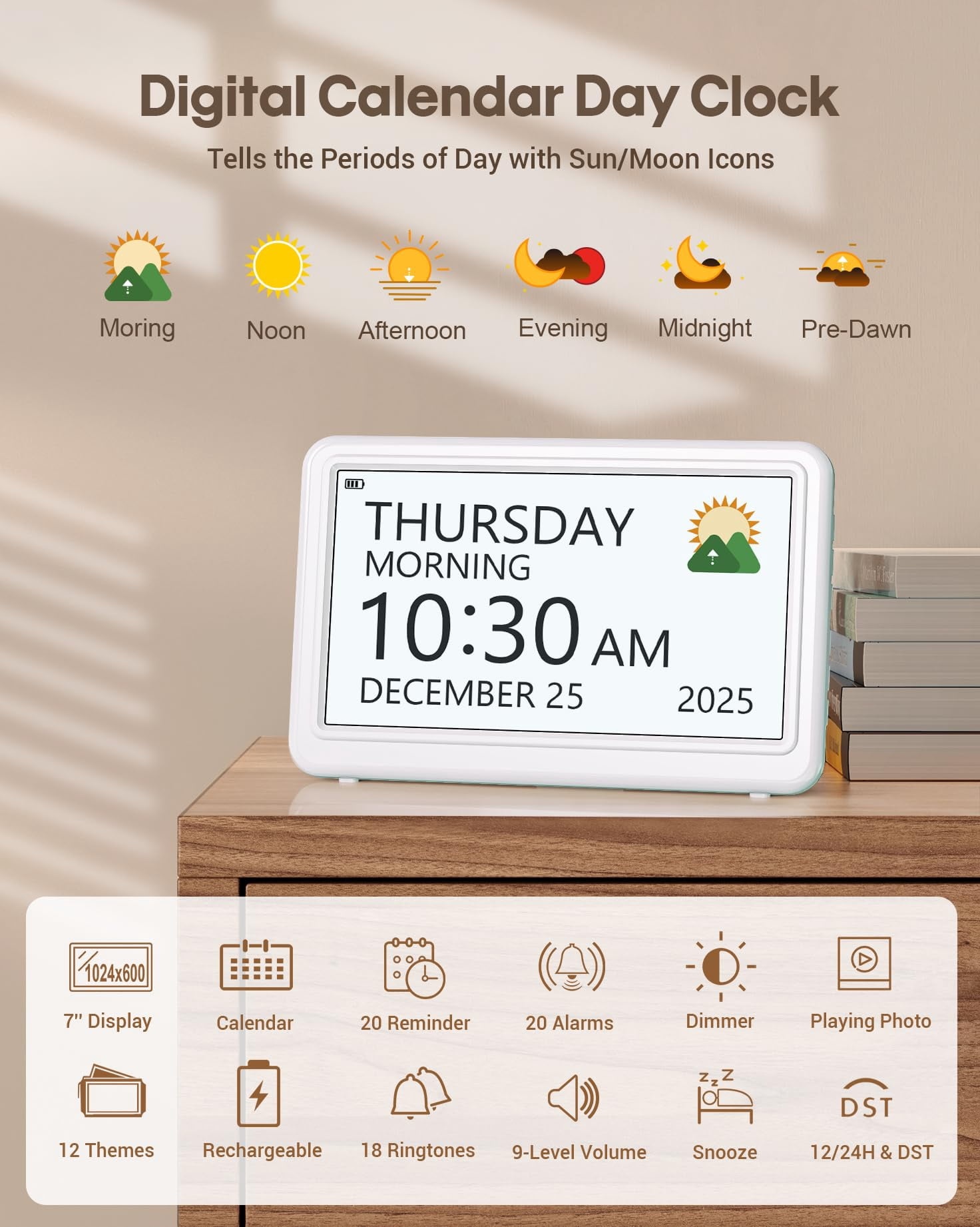 Digital Clock With Date And Day Of Week  Dementia Clocks Operated Alarm 20 Alarms Reminders 7" Large Display Desk For White (with Rechargeable Battery)