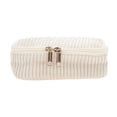 thumbnail image 1 of Bolsas de maquillaje de rayas cuadradas multifuncionales únicas de 1 Pc para viajar en caqui de terciopelo, 1 of 5