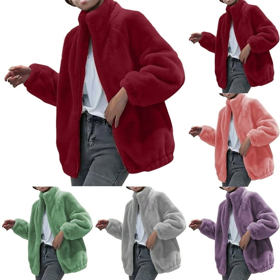 Antinious Womens Plus Size Hooded Zipper Jacket Solid Fleece High Neck Long Sleeve Warm Outerwear Coat,Women Sweater Coat,Womens Trench Coat,Wine,L