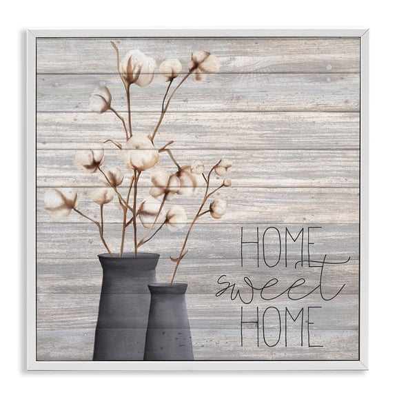 Stupell Industries Grey Home Sweet Home Cotton Flowers in Vase, 24 x 24,Design by Kimberly Allen