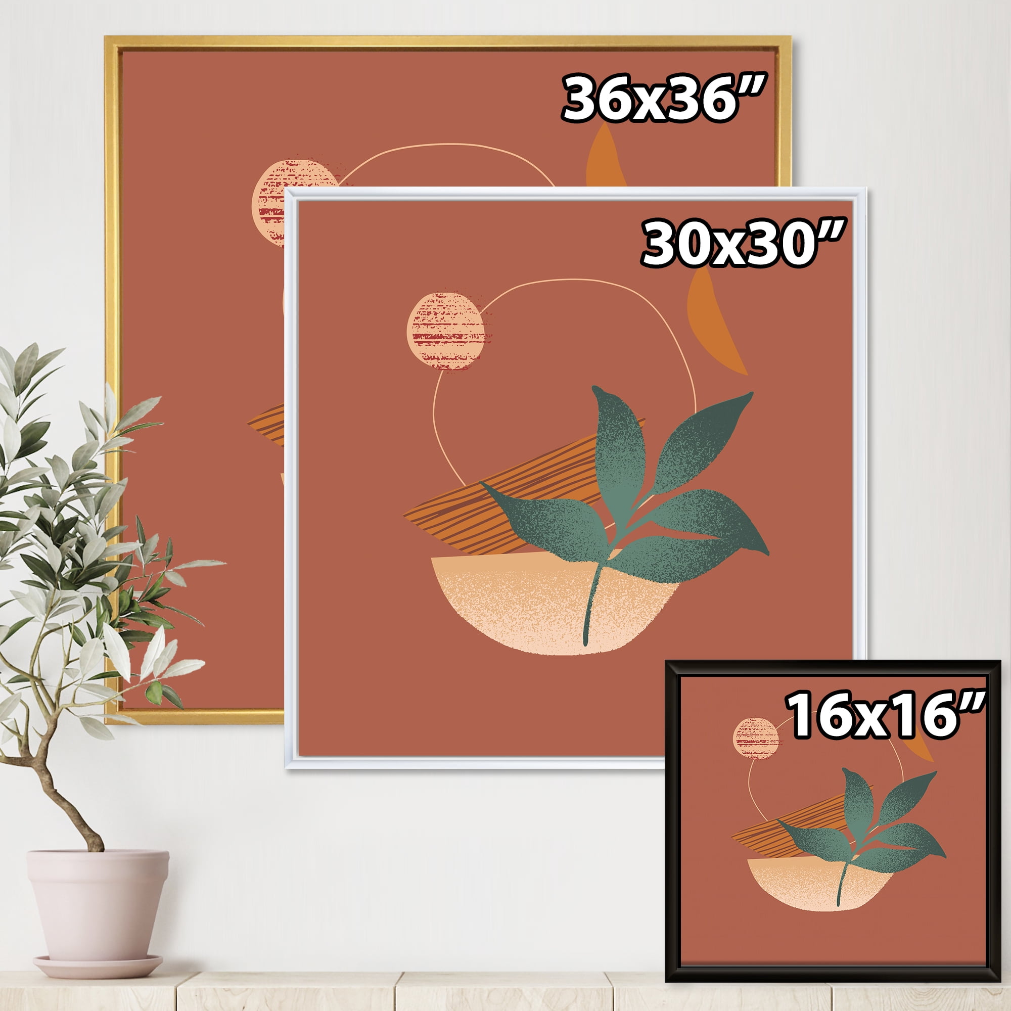 Designart 'Shapes and Tropical Leaf Silhouettes III' Modern Framed Canvas Wall Art Print