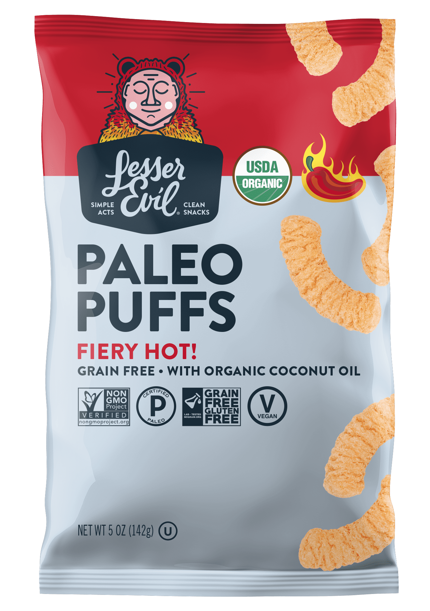 LesserEvil Organic Paleo Puffs, Fiery Hot, 5 oz