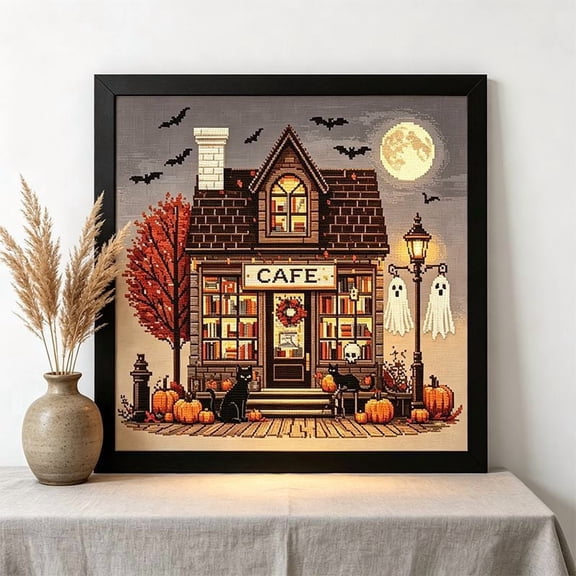 Halloween Printed Cross Stitch Kit for Adult Beginners, 11 Count Embroidery Set with Spooky Patterns, DIY Handmade Needlework Art for Home Wall Decor and Holiday Creative Hobby