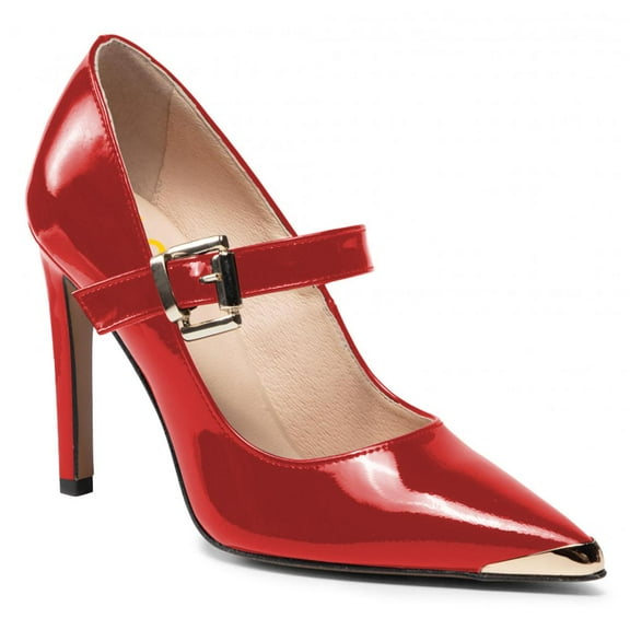 FSJ Women Sexy Pointed Toe Buckle Strappy Pumps Metal Studded Thin High Heels Formal Dress Work Shoes Size 8 Red