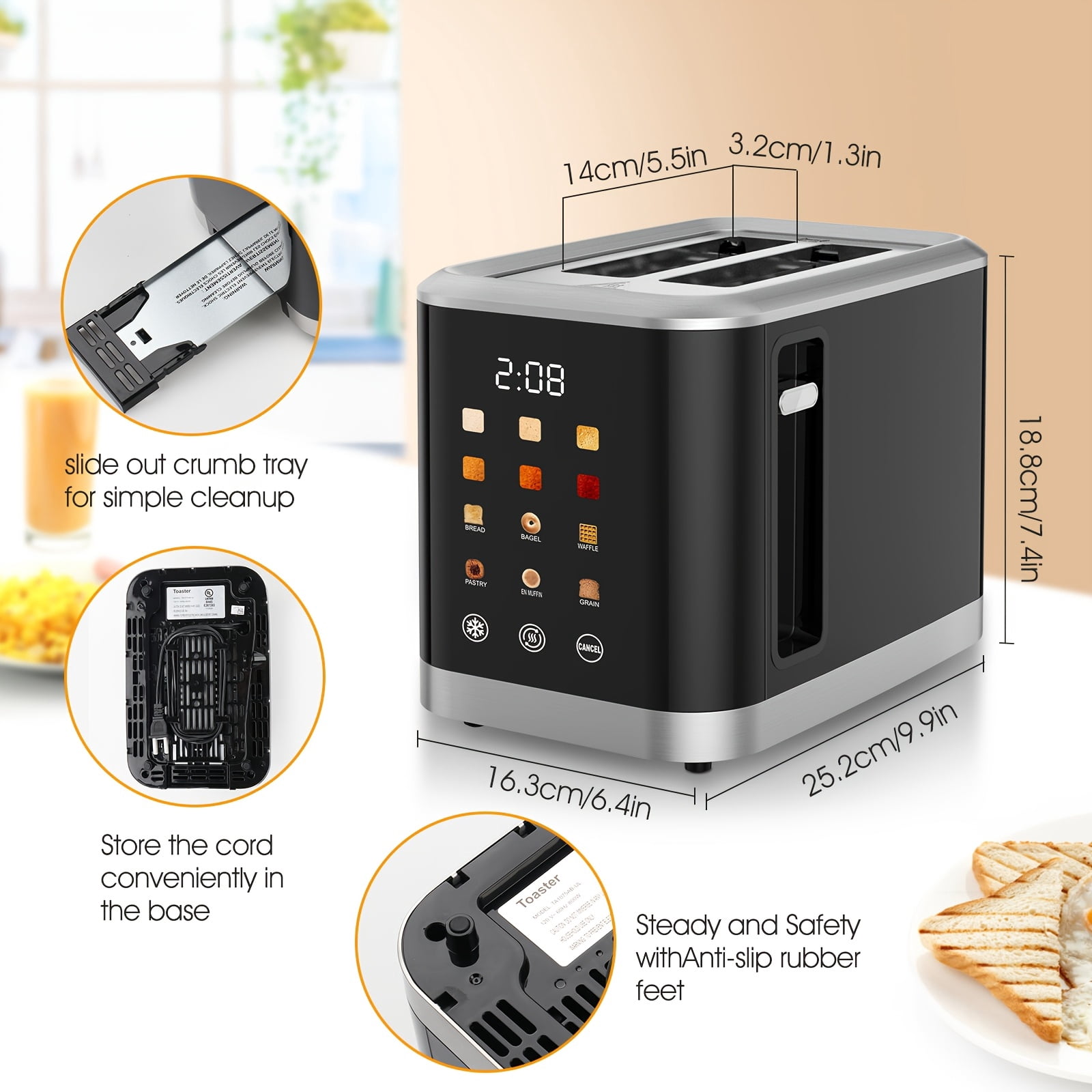 2 Slice Touch Screen Toaster | 1.5 Inch Wide Slot for Bread, English Muffins, Croissants, Bagels | 5 Adjustable Toast Settings, Cancel and Defrost, Supports 6 Bread Types and Shade Settings