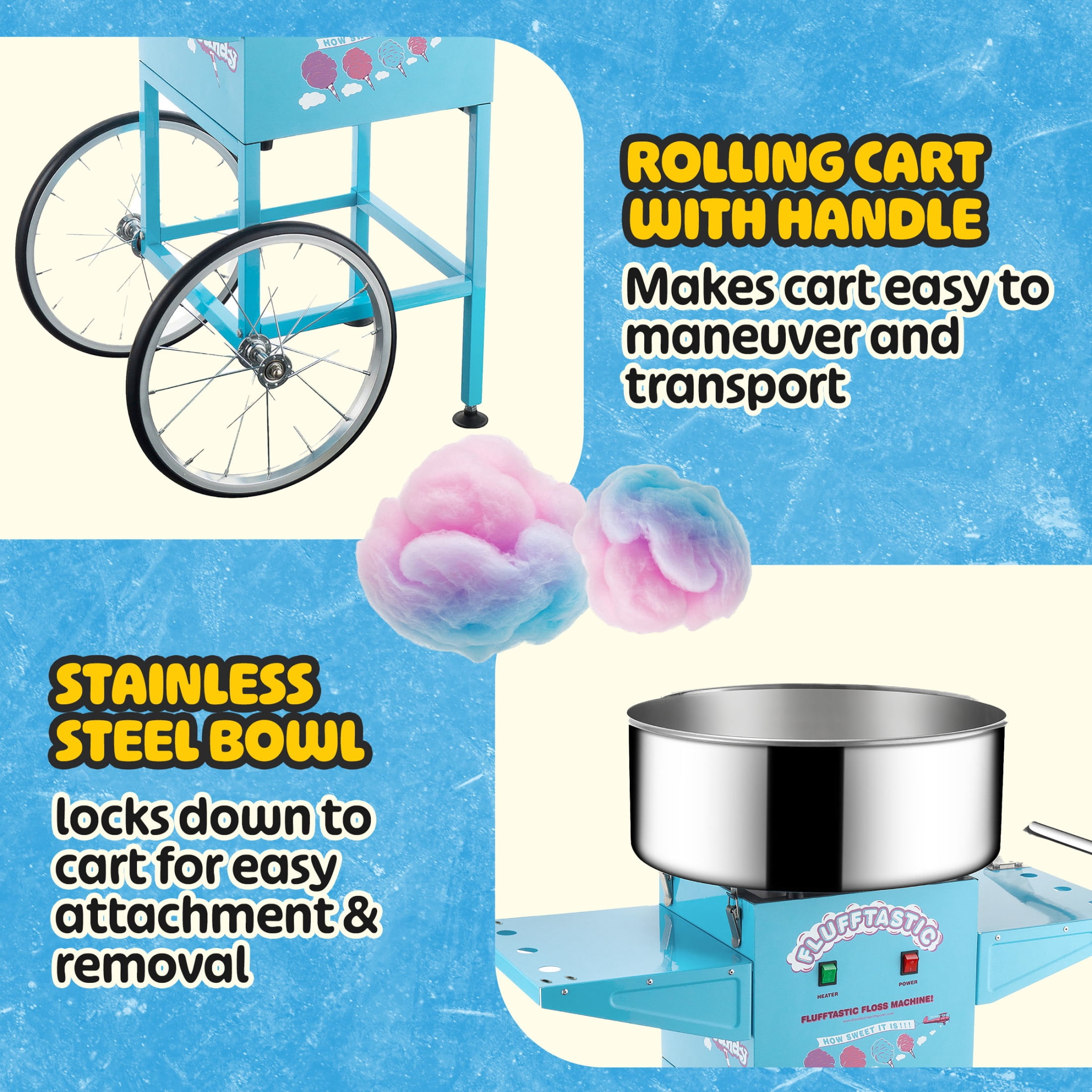 Great Northern Popcorn Flufftastic 1000W Cotton Candy Cart with Dome, Blue