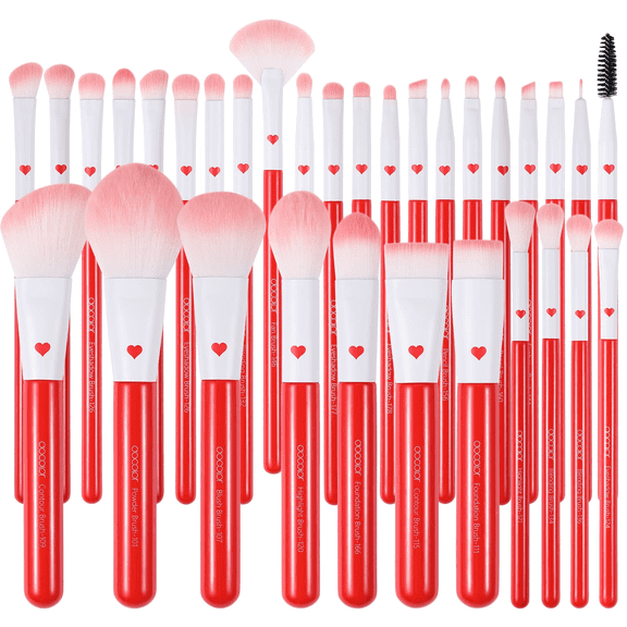 Docolor 32-Piece Red Kabuki Makeup Brush Set for Face, Eyes, and Brows
