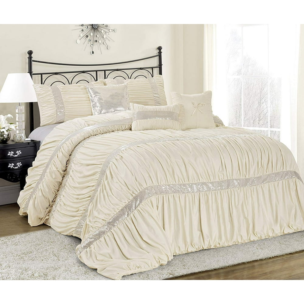 HIG 7 Piece Comforter Set KingIvory Microfiber Ruffles Ivory Sequins