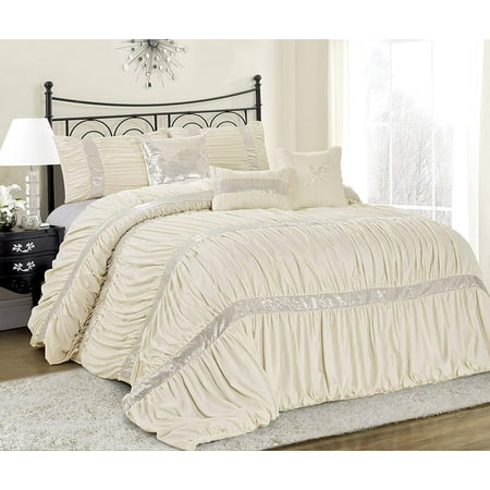 Hig 7 Piece Comforter Set Queen Ivory Microfiber Ruffles Ivory