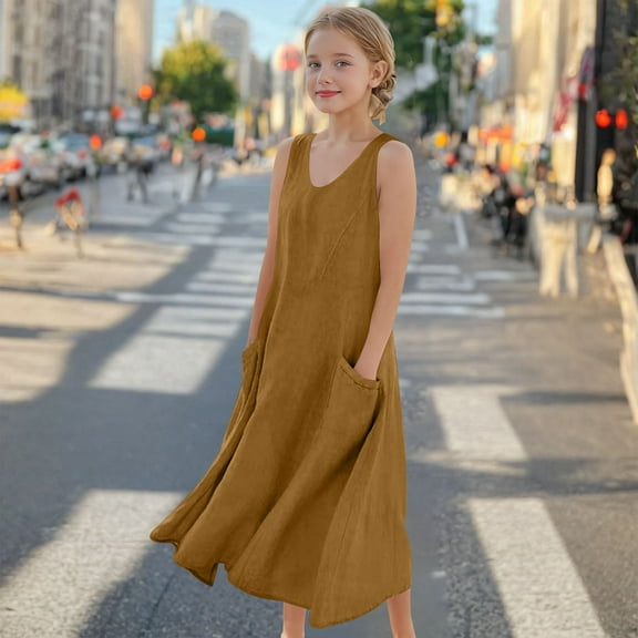 BRGZLK Girls Cotton Linen Tank Dress Summer Trendy Solid Sleeveless Round Neck Casual A-Line Dress Breathable And Comfortable Maxi Dress Brown 7-8 Years