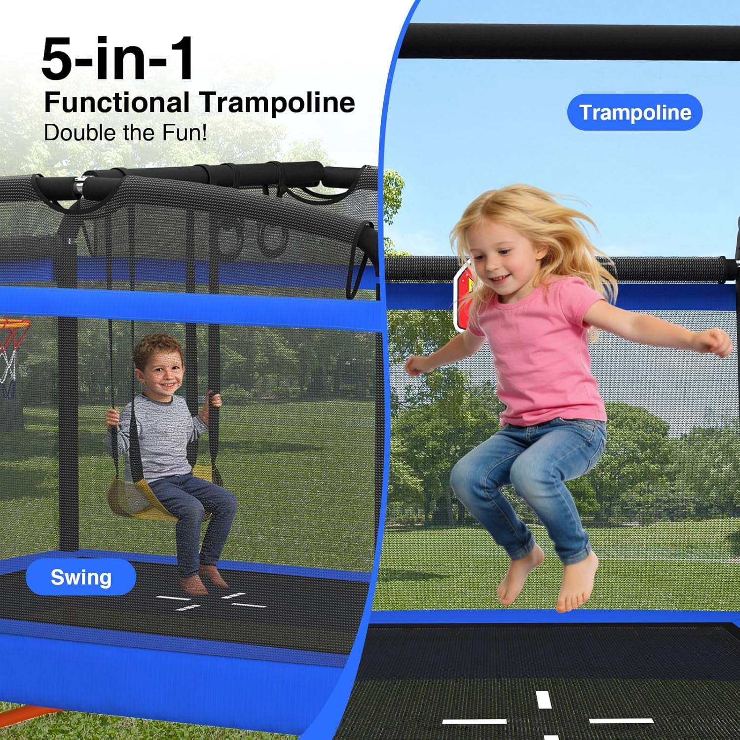 6FT Rectangle Toddler Trampoline by LANGXUN, 5-in-1 Kids Mini Trampoline Featuring Safety Enclosure Net for Indoor & Outdoor Use