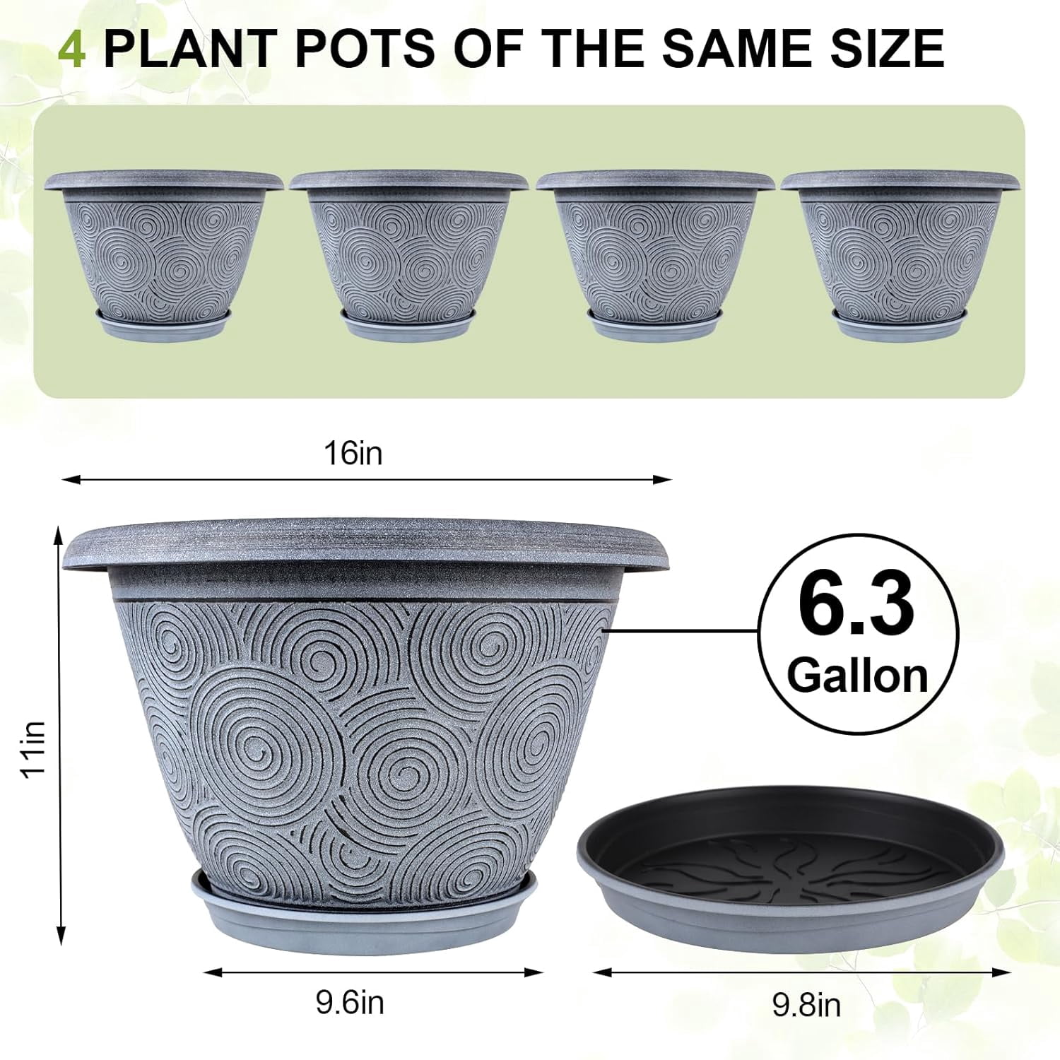 DEA 16 Inch Large Planter Pot for Plants Indoor Outdoor, 4 Pack Plastic Flower Pots with Drainage Hole & Tray, Modern Decorative Garden Pot with Saucer, Plant Container for House