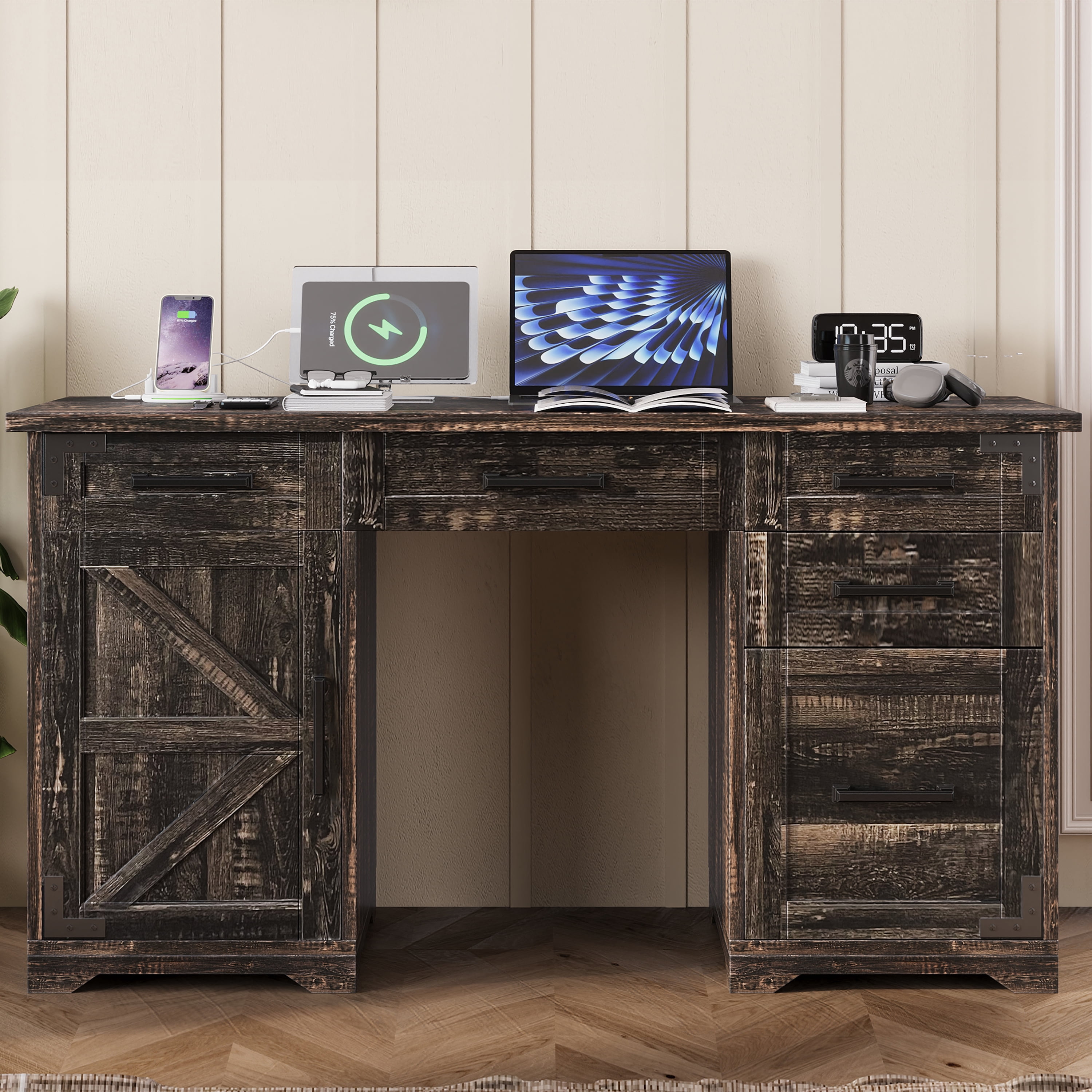 Aukfa 55" Farmhouse Executive Desk with Charging Station, Home Office Computer Desk with File Drawer & Storage Cabinet,Rustic Gray