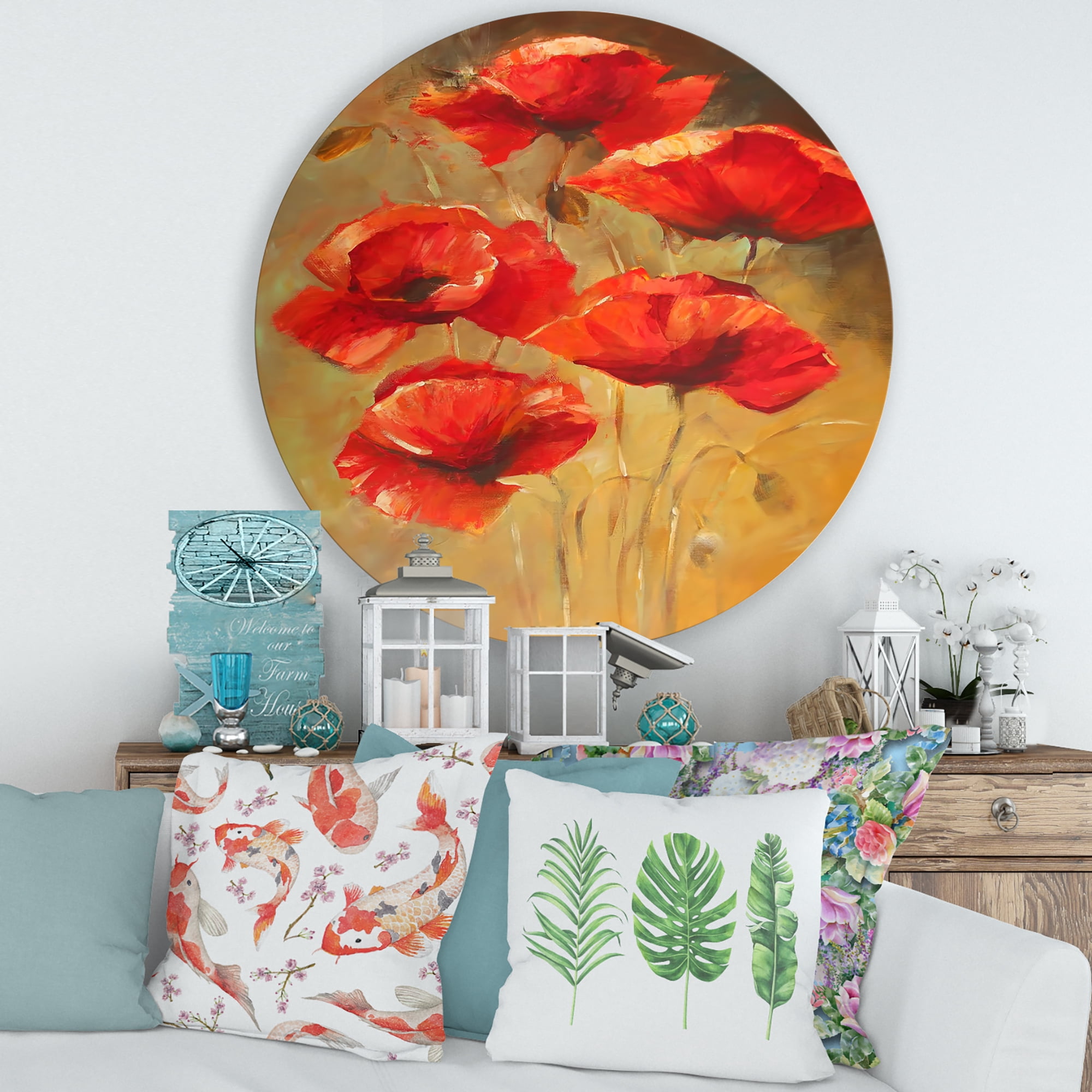 Designart 'Ancient Blooming Poppies II' Traditional Circle Metal Wall Art 36x36 - Disc of 36