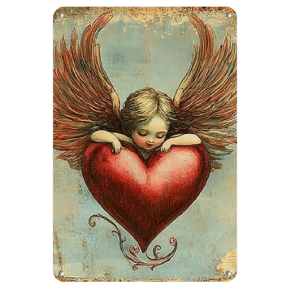 1pc Vintage Cupid Red Heart Iron Sign, 8x12 Inches - Romantic Home Decor for Valentine's Day, Weddings, and Spring Sweet Theme Events, Retro Style Wall Art with Angelic Figure and Floral Patterns