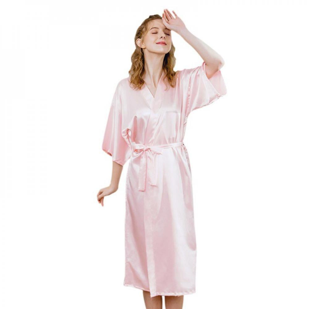 Pongfunsy Womens Bathrobes Long Satin Kimono Robes Bridesmaids Sleepwear with Oblique V-Neck 