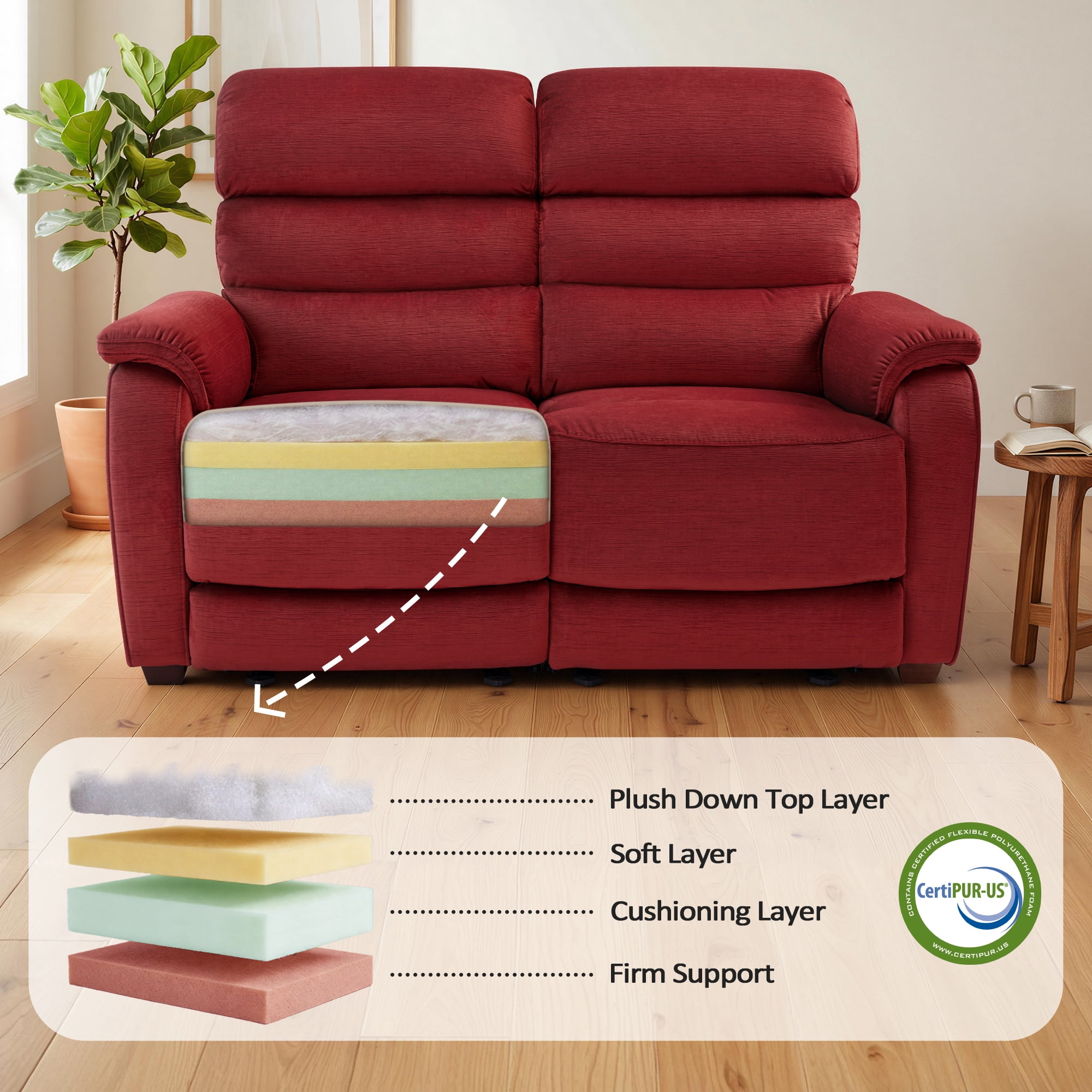 MCombo Zero Wall Hugger Power Recliner Loveseat for Living Room, RVs, Small Spaces, Fabric, Burgundy