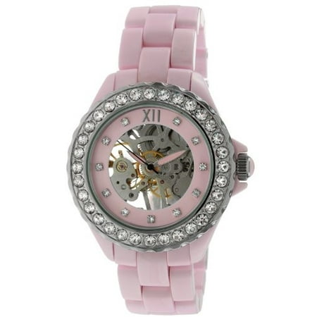 Womens Pink Ceramic Mechanical Skeleton Watch Hand Wind Up Pink Dial Crystal