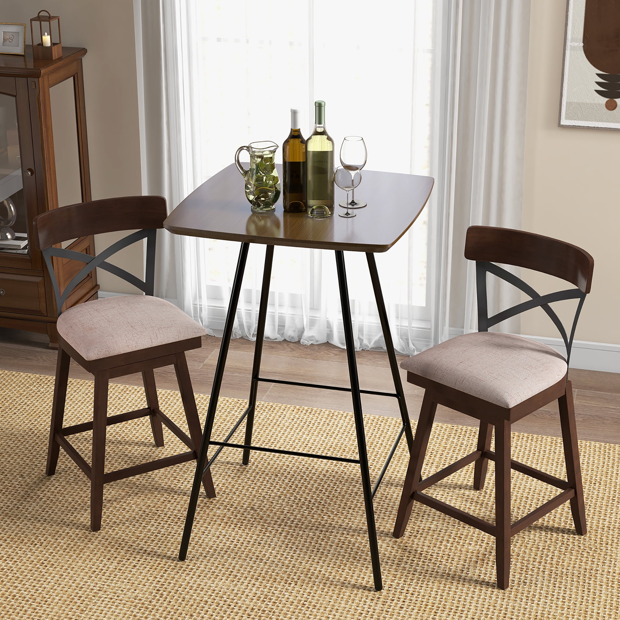 Costway Wooden Swivel Upholstered Counter Height Backrest Bar Stools Brown (Set of 2)