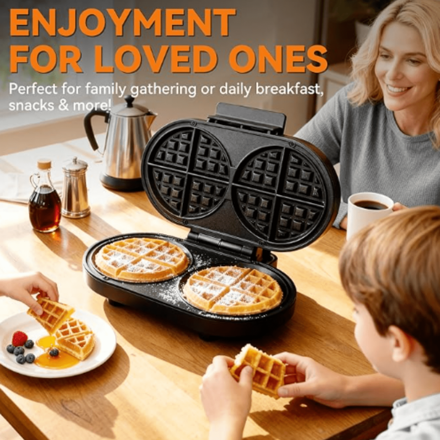Double Belgian Waffle Maker Thick, 2 X 6” Round Waffle Maker, Belgium Waffle Iron,  with Non-stick Plates, 1200W, Perfect for Kids & Family Breakfast, Graphite