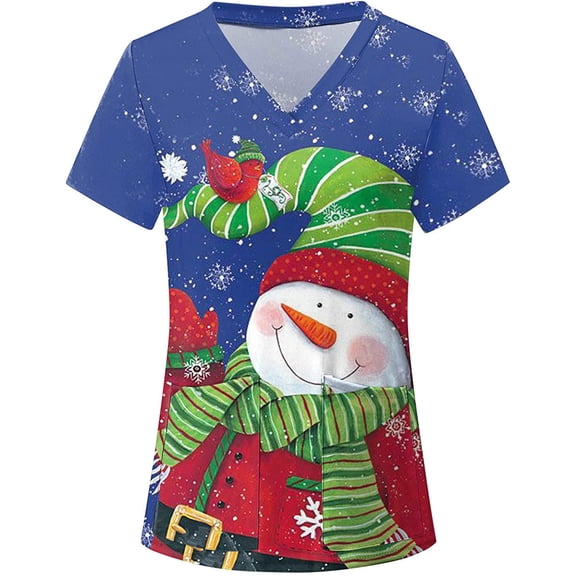 IROINNID Womens Scrub Tops Graphic Print Short Sleeve V-Neck Workwear Christmas Tops With Pocket,Blue A