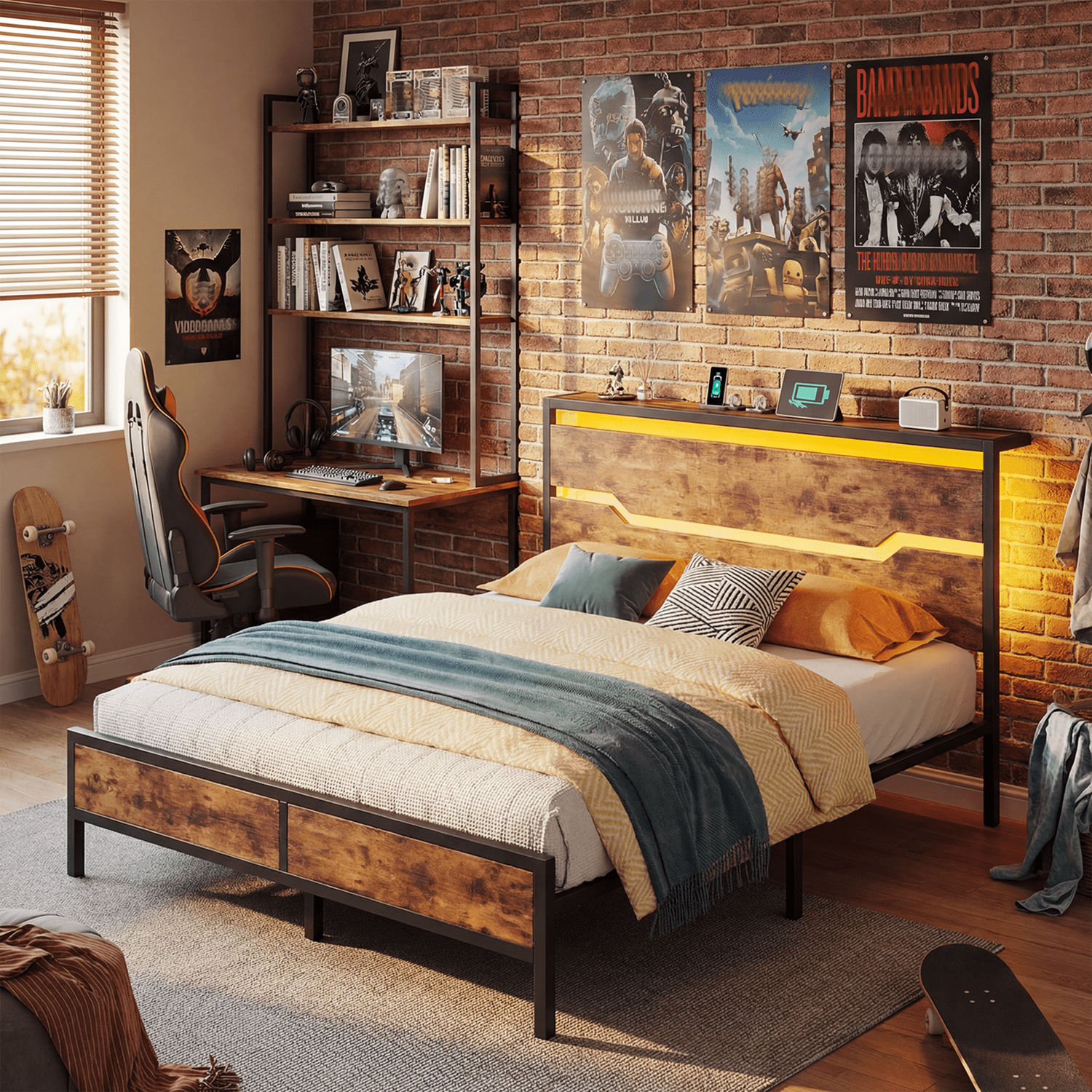 EnHomee King Bed Frame with Wooden Headboard Metal Platform Bed Frame with Storage Platform Metal Bed with Charge Station & LED Lights & 13" Under-Bed Storage, Rustic Brown