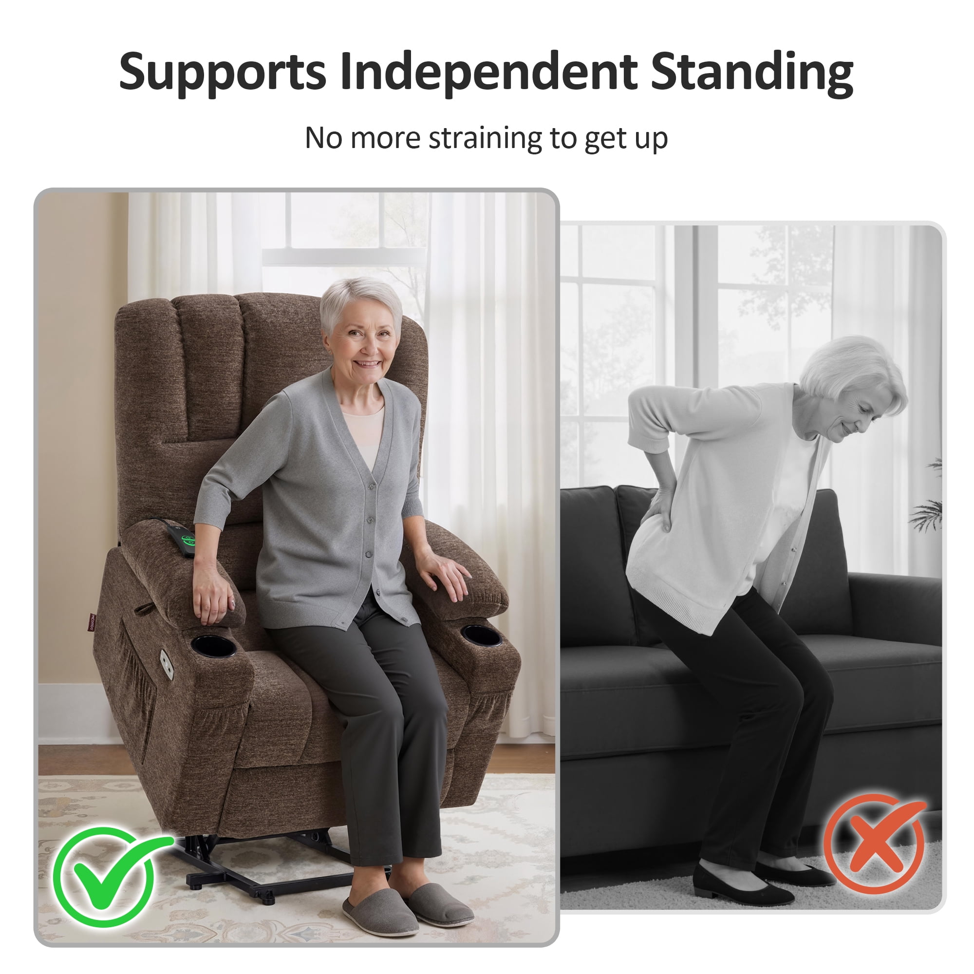 MCombo Power Lift Recliner Chair with Massage Heat, Extended Footrest, Fabric(Medium-Regular, Coffee)