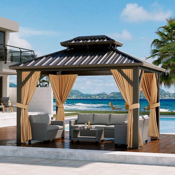 10x12 FT Heavy-Duty Aluminum Hardtop Gazebo, Double Iron Roof Pavilion with Curtains & Netting for Patio & Backyard