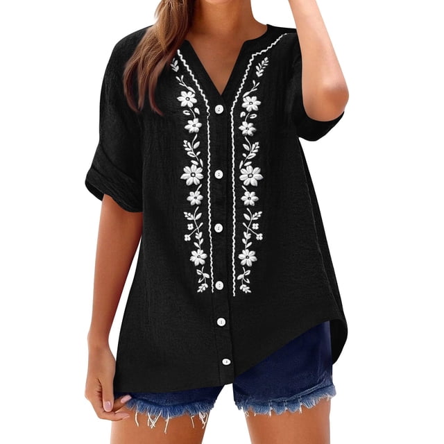 Camisetas de Cuello en V de Manga Corta para las Mujeres Casual Suelto Cuello Redondo Blusa de Verano Camisetas Cuello en V de las Mujeres