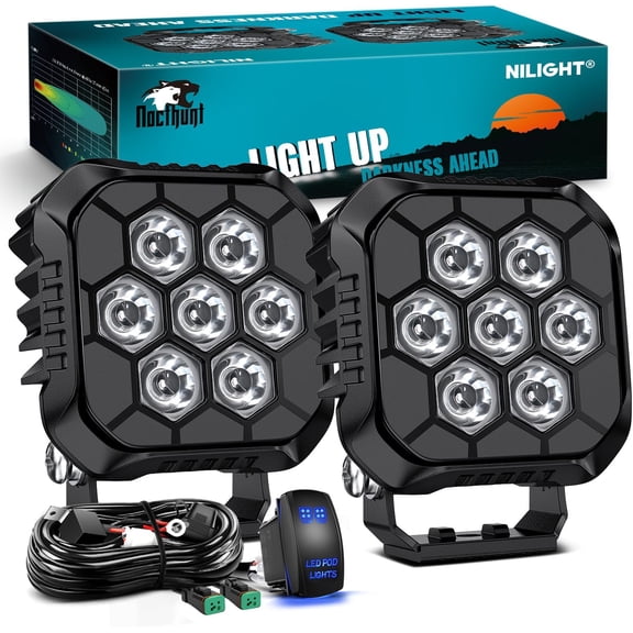 Nilight LED Pod Light 2 PCS 3.8 Inch 35 W 7 LED Square Hyper Spot Beam Offroad Driving Lights w/16 AWG Rocker Switch Wiring Harness Kit for Truck Motorbike Boat ATV UTV