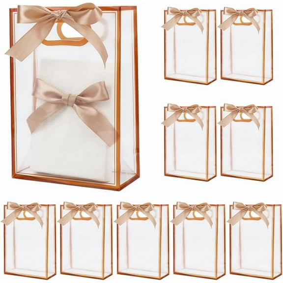 12Pcs Clear Plastic Gift Bags with Handles Gift Wrap Tote Brown Ribbon Bowtie Large Transparent Reusable Candy Tote Waterproof Bulk Party Favor Bags DIY