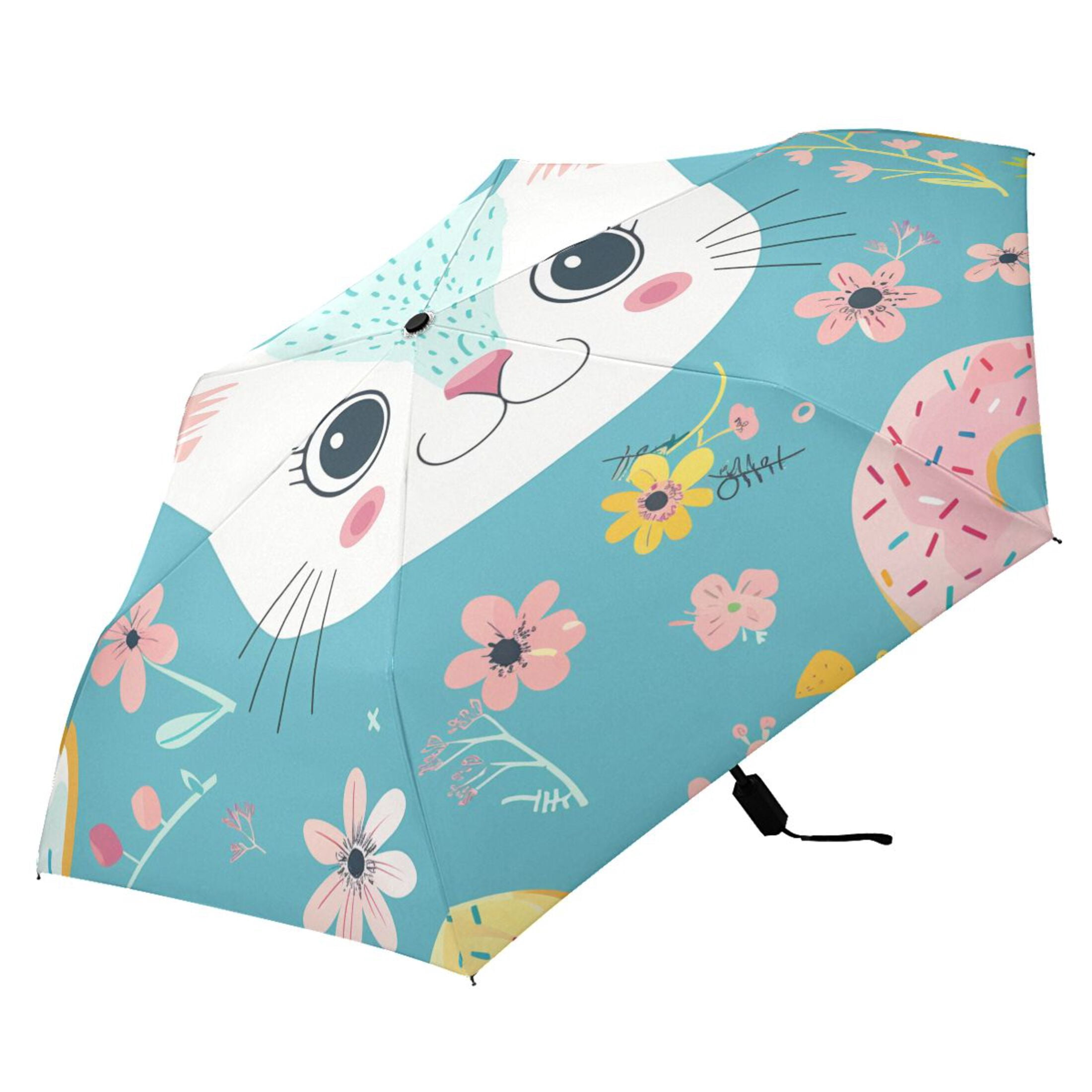 Compact Sun Umbrella Windproof Travel Umbrellas for Rain Strong Portable UV Protection Hello Cat Face
