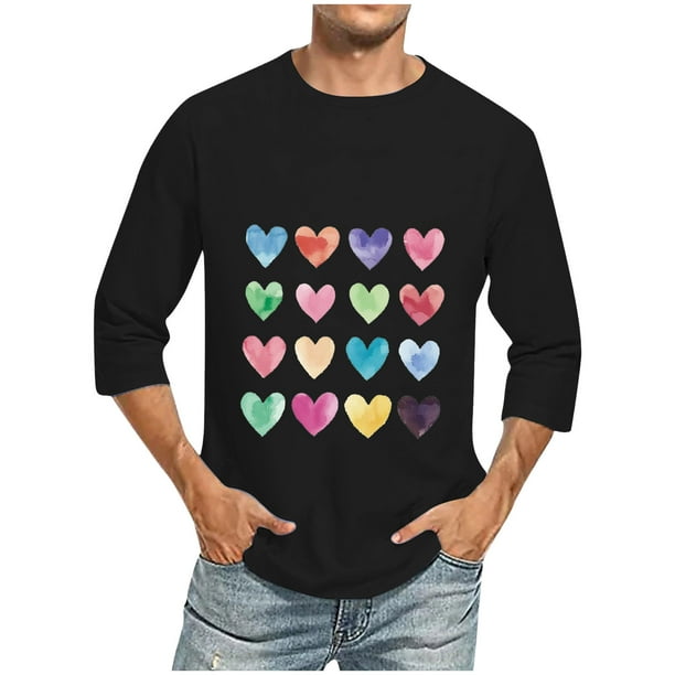 Camisas de Manga Larga para los Hombres Día de San Valentín Impresión Cuello Redondo Moda Casual, Mezcla de Poliéster de Lino de Algodón para Primavera Verano