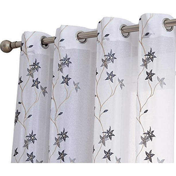 HLC.ME Emma Floral Embroidered Semi Sheer Voile Window Curtain Drapery