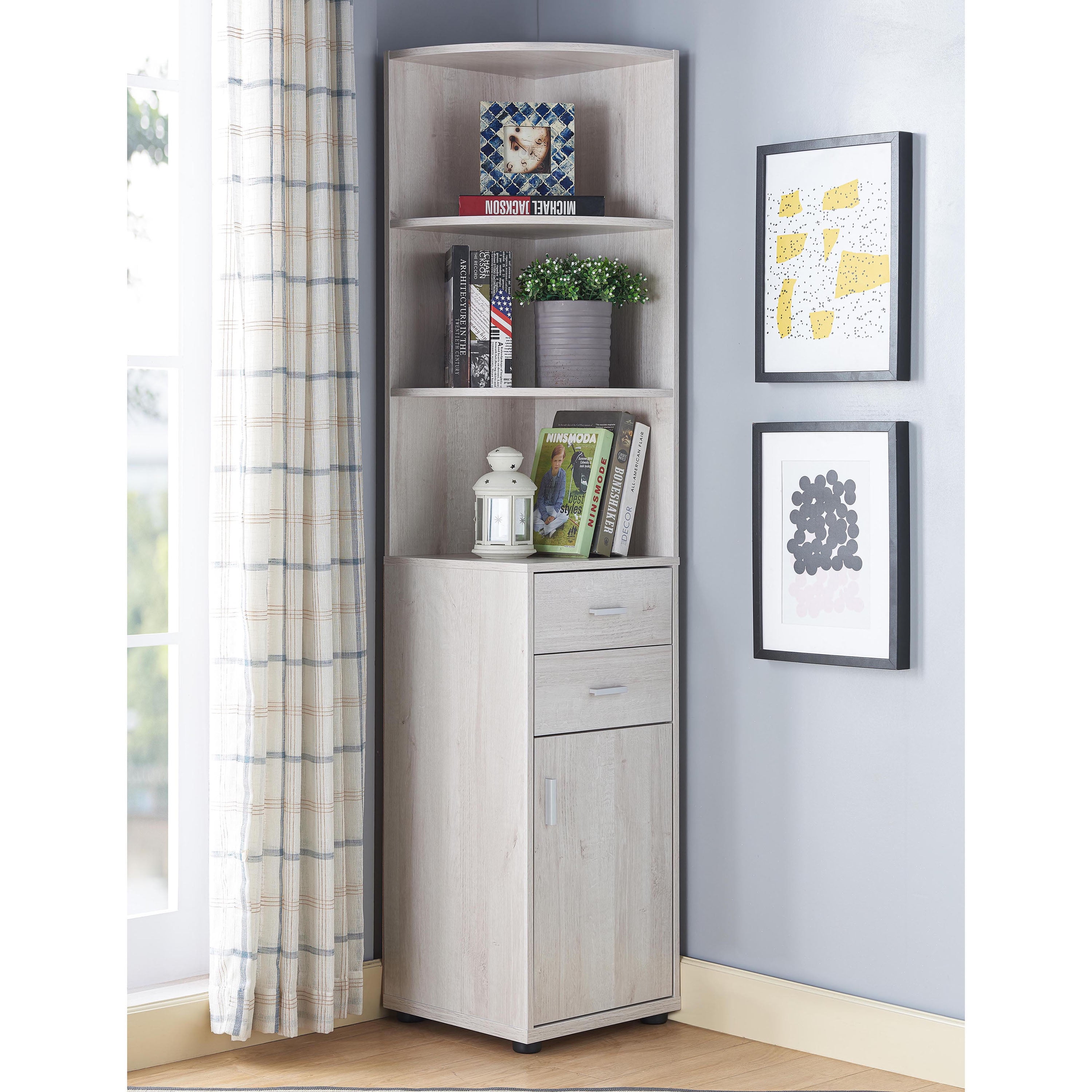 Furniture of America Study Modern Corner Bookcase, White Oak