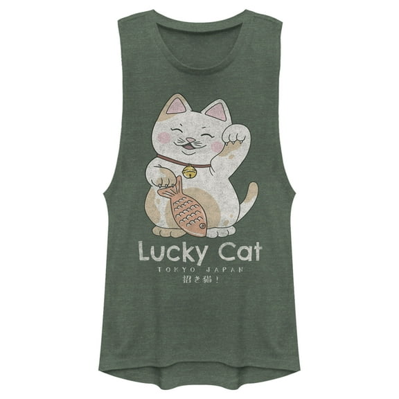 Junior's Lost Gods Lucky Cat on Your Side  Festival Muscle Graphic Tee Pine Green Heather X Large