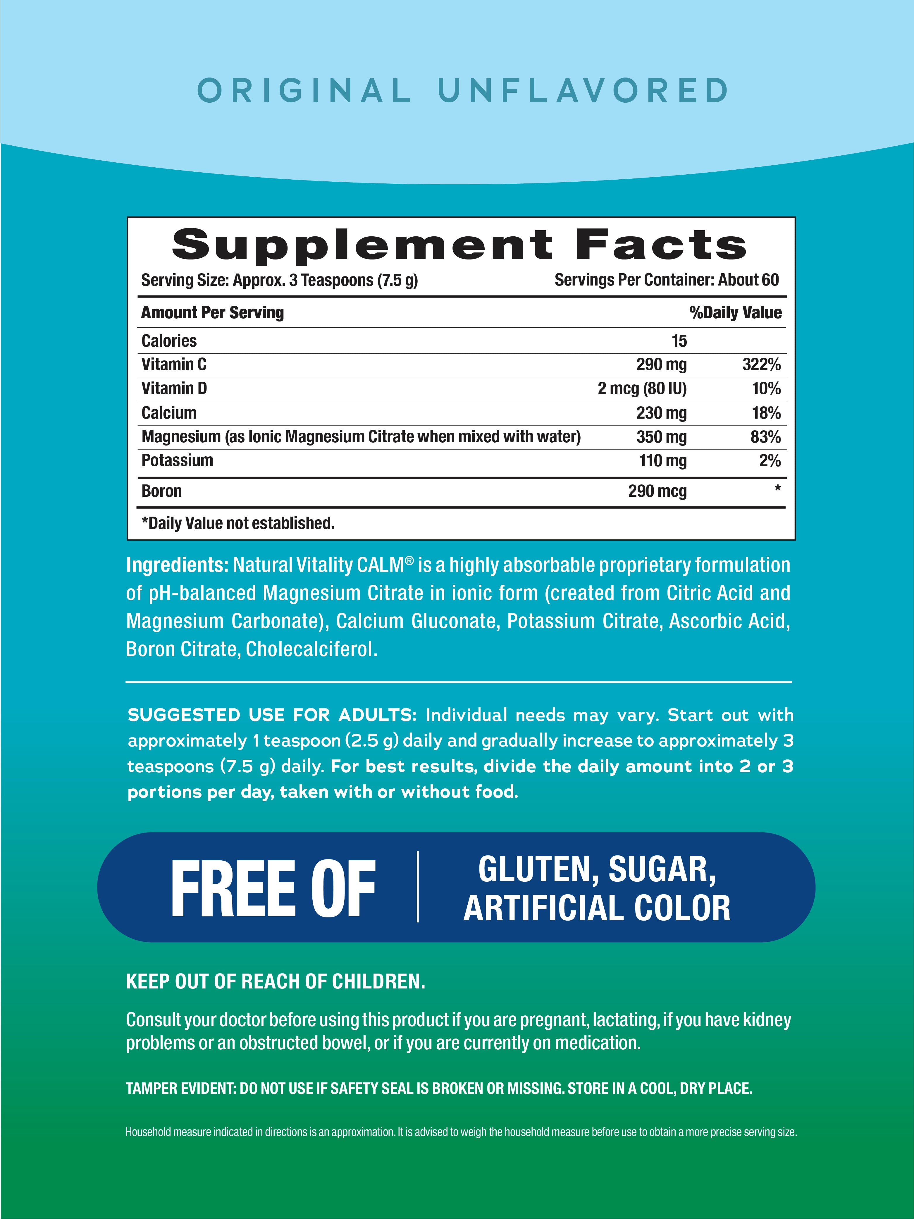 CALM Magnesium Powder with Calcium | Unflavored | 16oz | by Natural Vitality