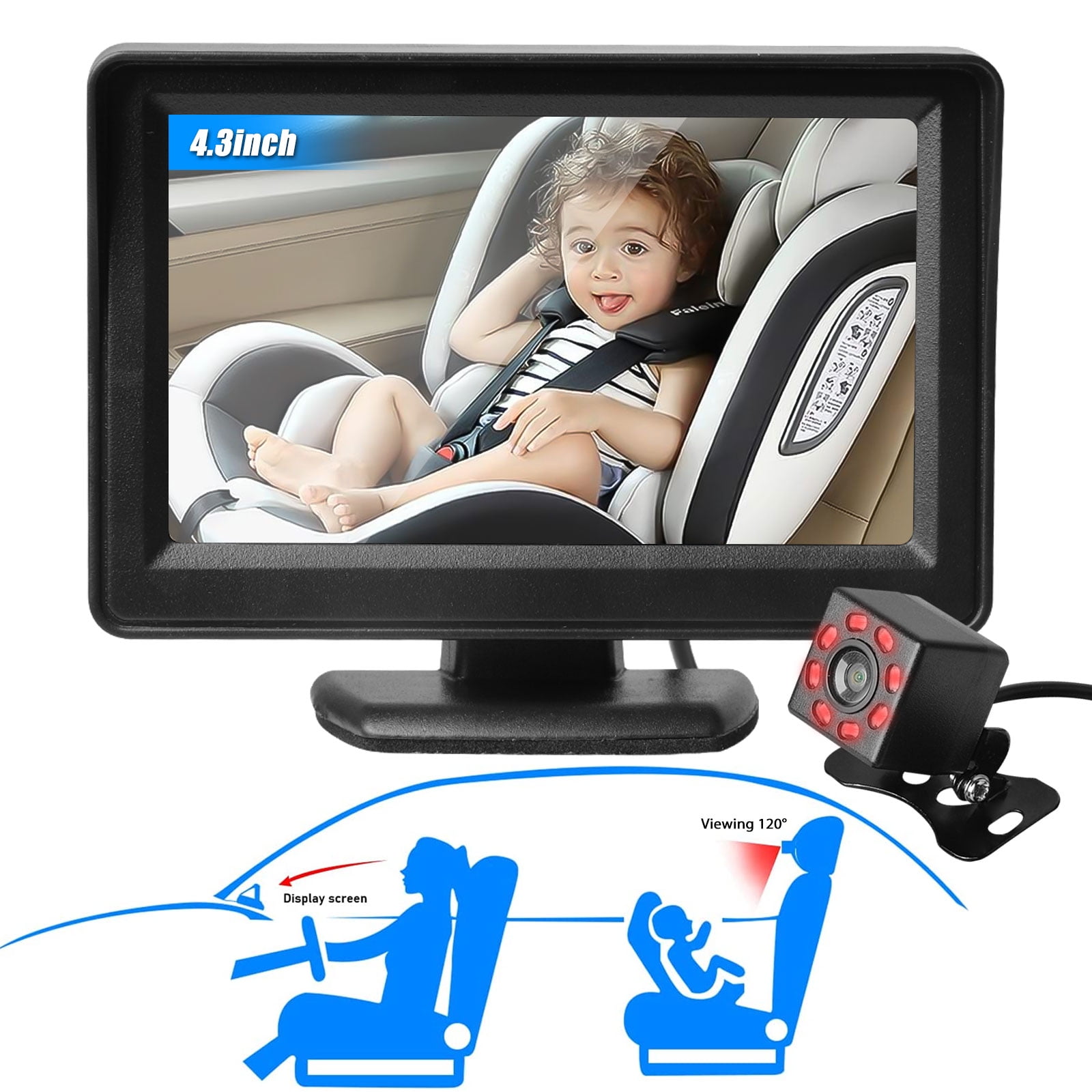Car Baby Camera Monitor Wide Crystal Clear View Night Vision Not Need to Turn Around Baby Car Mirror Safety Car Seat Mirror Camera with 4.3 HD Observe The Babys Every Move at Any Time 