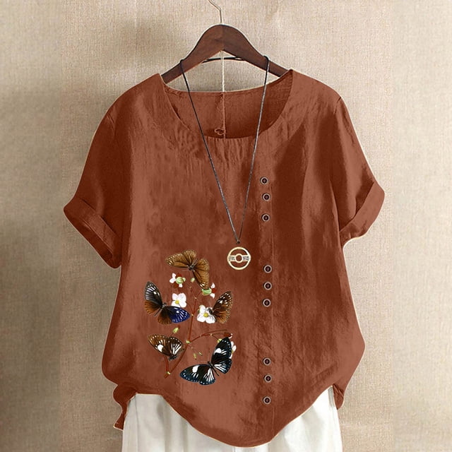 Pisexur Hauts pour Femmes en Coton et Lin Été Décontracté Imprimé Papillon Blouses Oversize Col Rond Tunique Ample Manches Courtes Hauts Chemises Grande Taille
