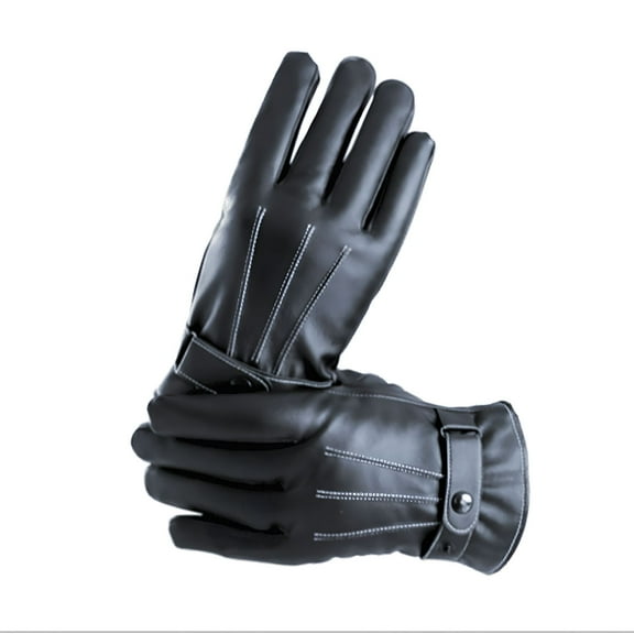 TELOLY Men Winter Warm Touch Screen Gloves Black PU Leather Windproof Thick Mittens