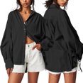 thumbnail image 6 of Women's Button Down Oversized Loose Tops  Fashion V-Neck Long Puff  Sleeve Shirt Casual Solid Color Summer Beach Blouse, 6 of 9
