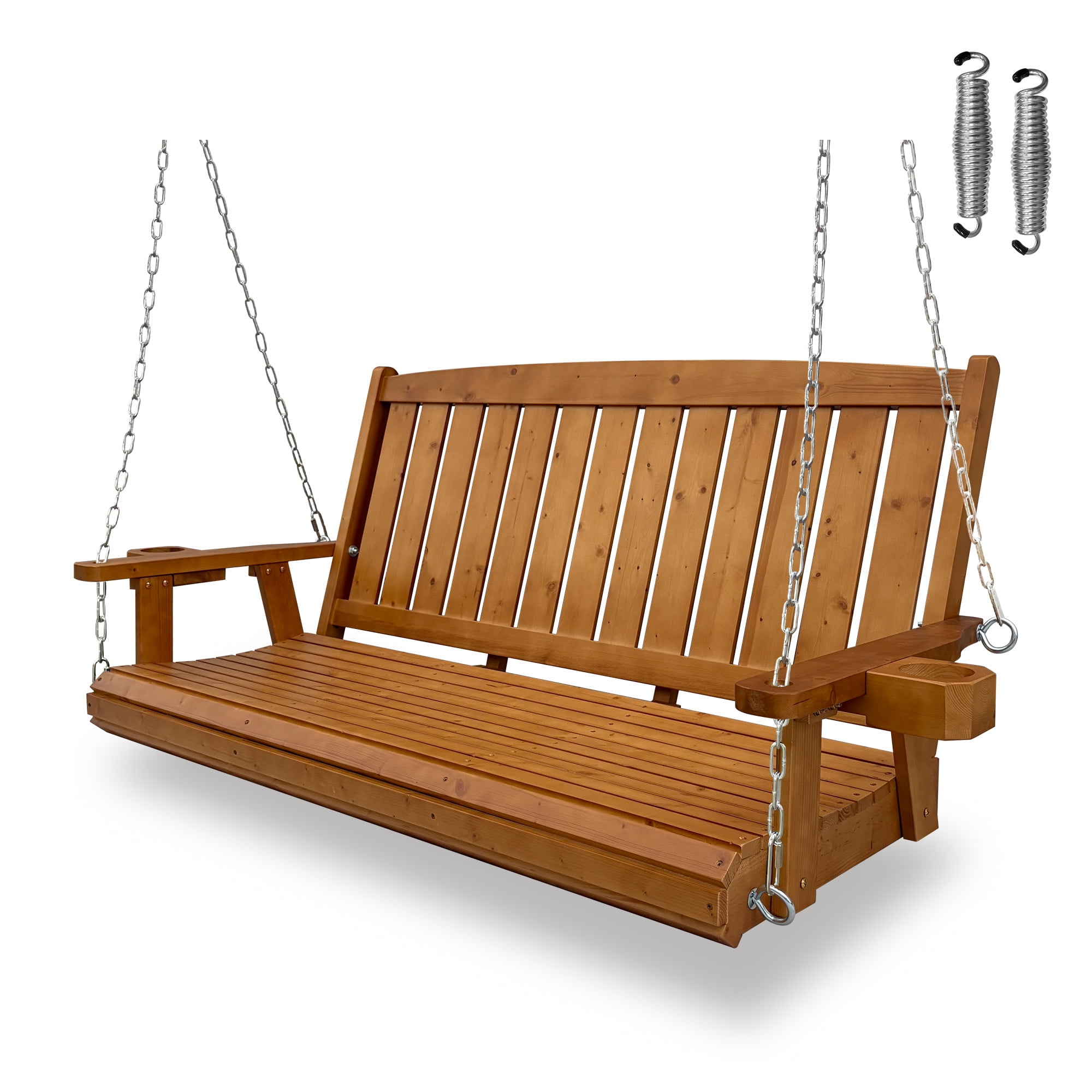 Fortune Candy Wooden Porch Swing 3-Seater, Bench Swing with Cupholders (Brown, 5 FT Extra Large)